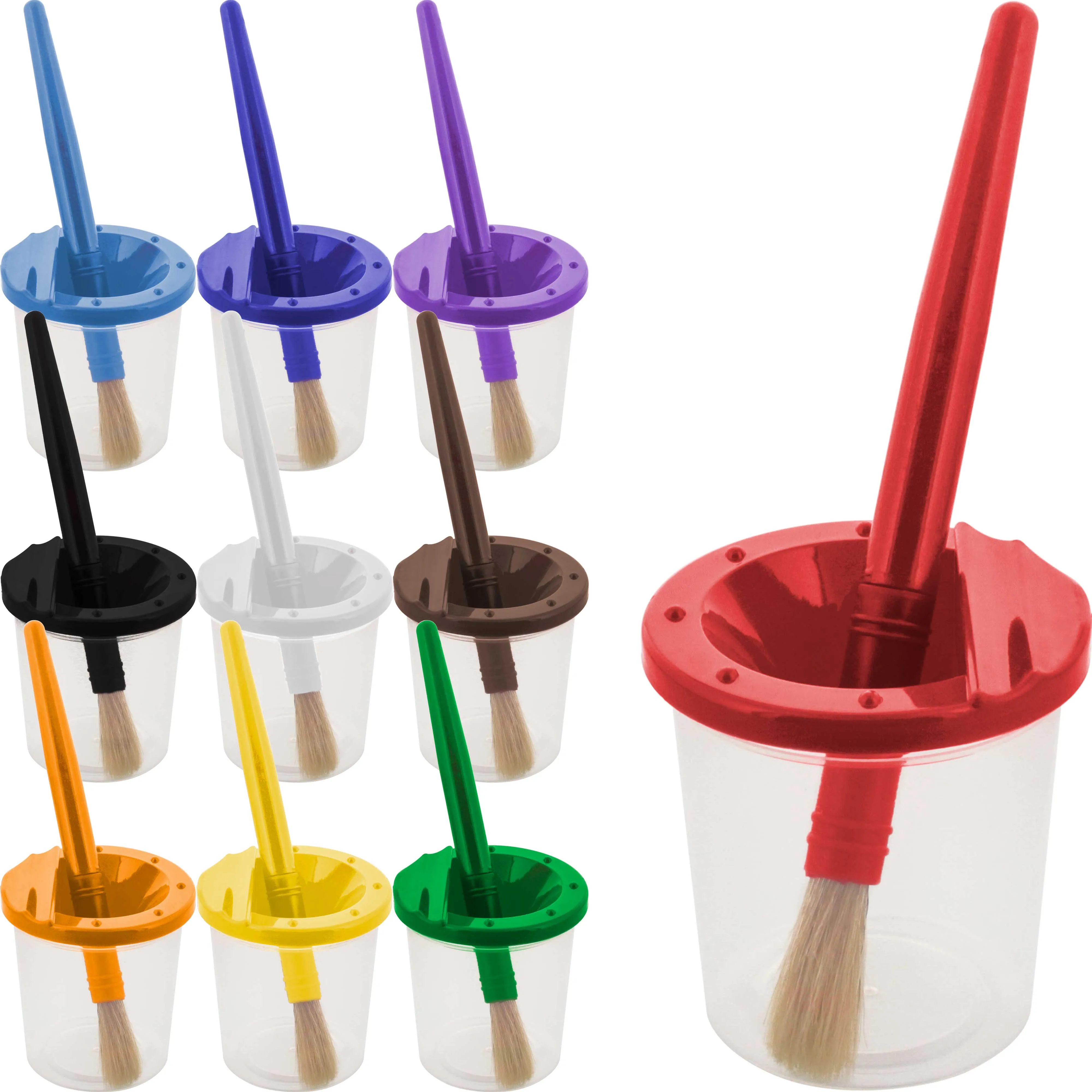 10 Piece Children's No Spill Paint Cups with Colored Lids and 10 Piece Large Round Brush Set with Plastic Handles