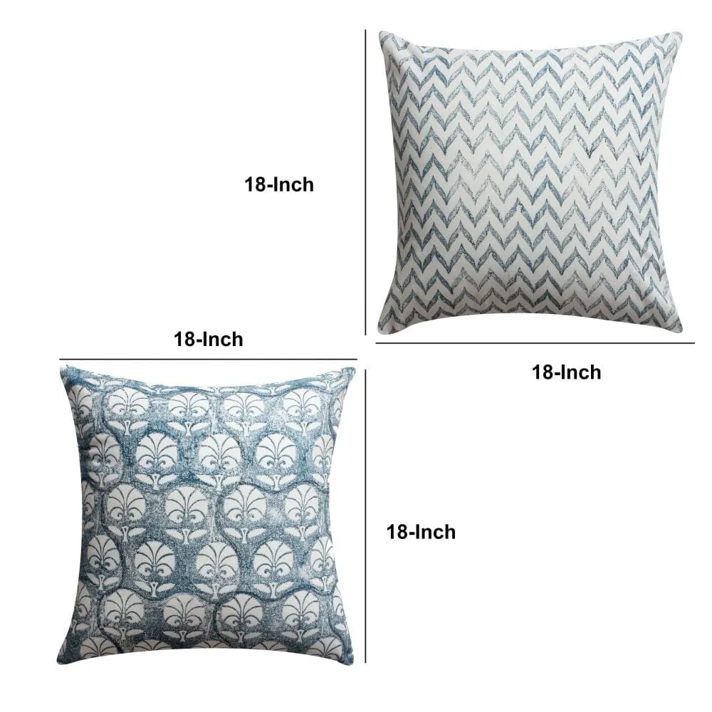 18 x 18 Square Cotton Accent Throw Pillow, Floral and Chevron Patterns, Set of 2, White, Blue By The Urban Port