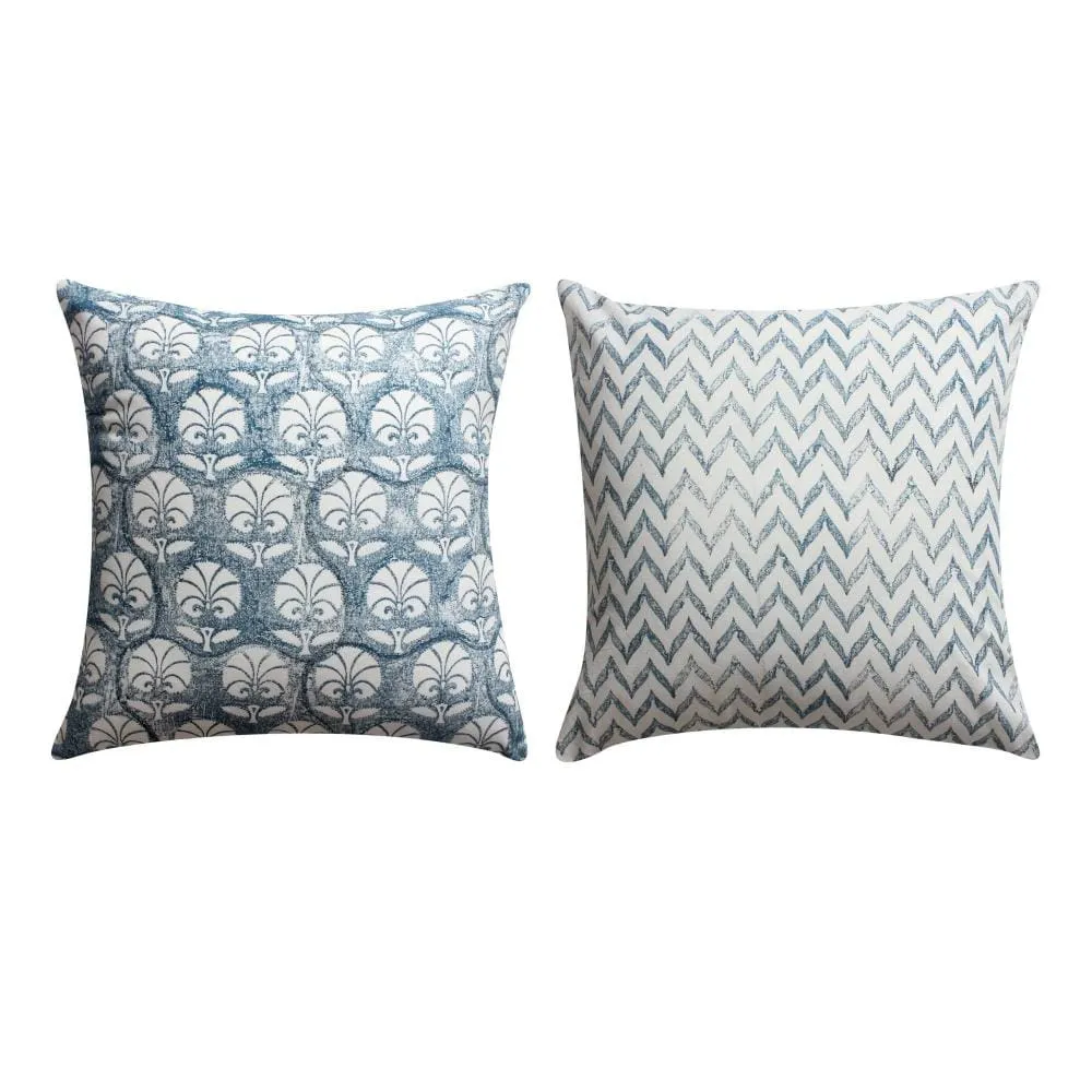 18 x 18 Square Cotton Accent Throw Pillow, Floral and Chevron Patterns, Set of 2, White, Blue By The Urban Port