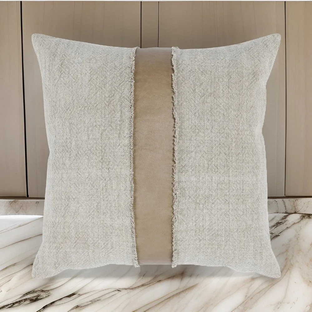 26 x 26 Throw Pillow, Pieced Fabric, Cotton, Leather, Frayed Fringes, Gray By Casagear Home