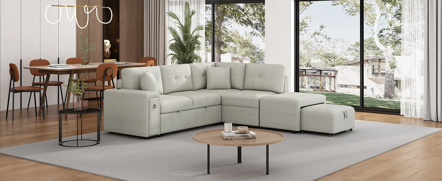 86.6" L-Shaped Sectional Sofa with Pull-Out Bed, Ottoman, 2 USB Ports, 2 Cup Holders, Gray