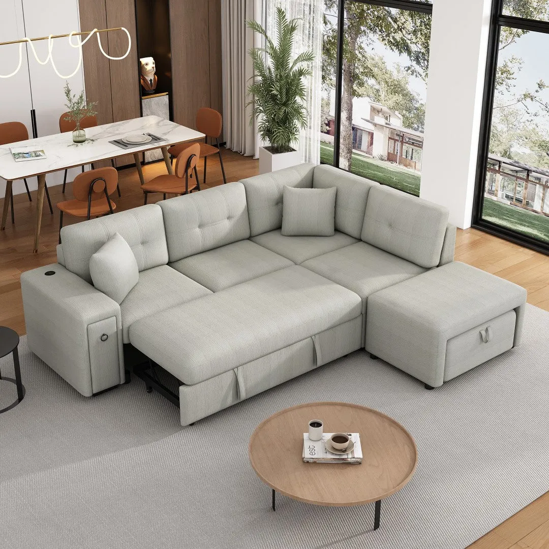 86.6" L-Shaped Sectional Sofa with Pull-Out Bed, Ottoman, 2 USB Ports, 2 Cup Holders, Gray