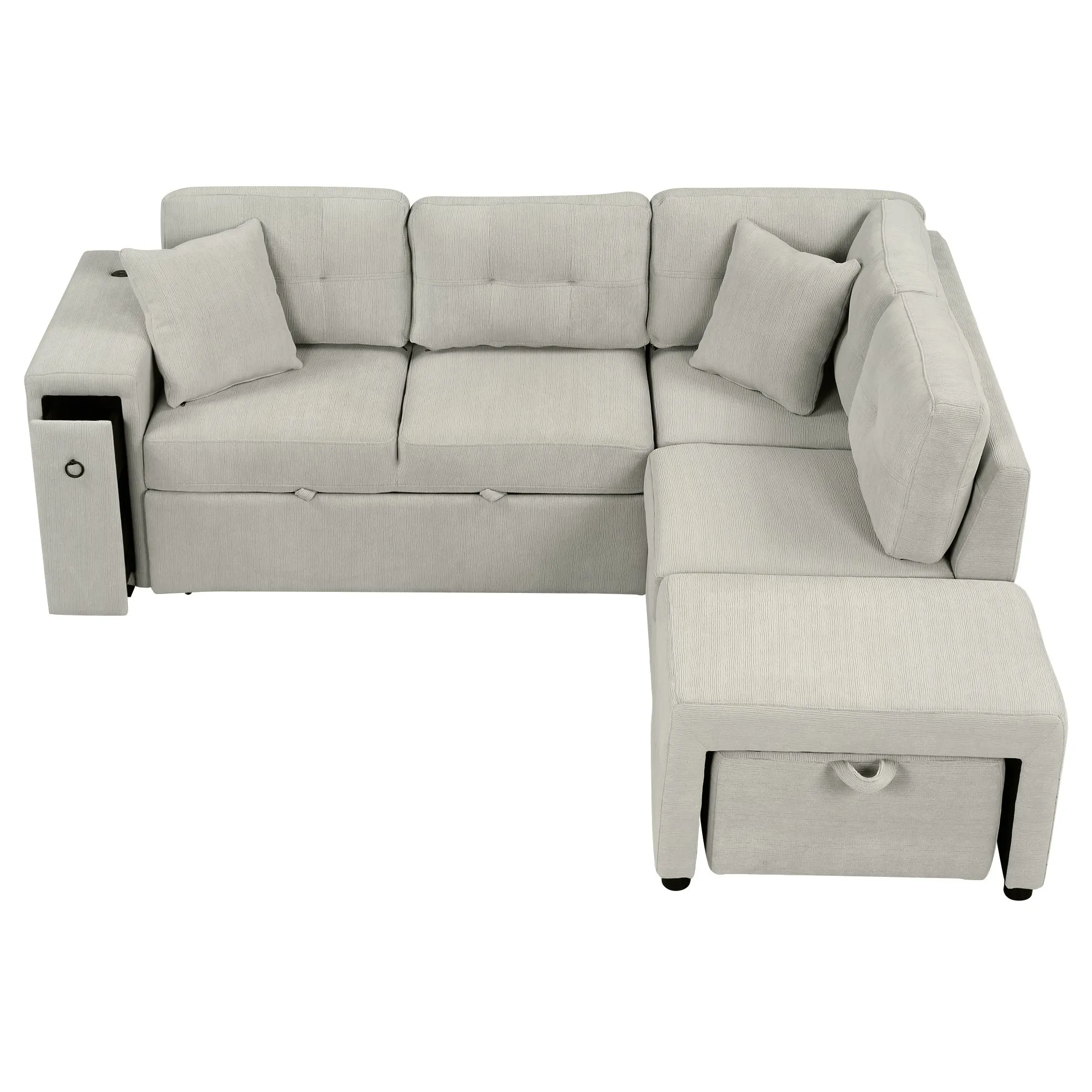 86.6" L-Shaped Sectional Sofa with Pull-Out Bed, Ottoman, 2 USB Ports, 2 Cup Holders, Gray