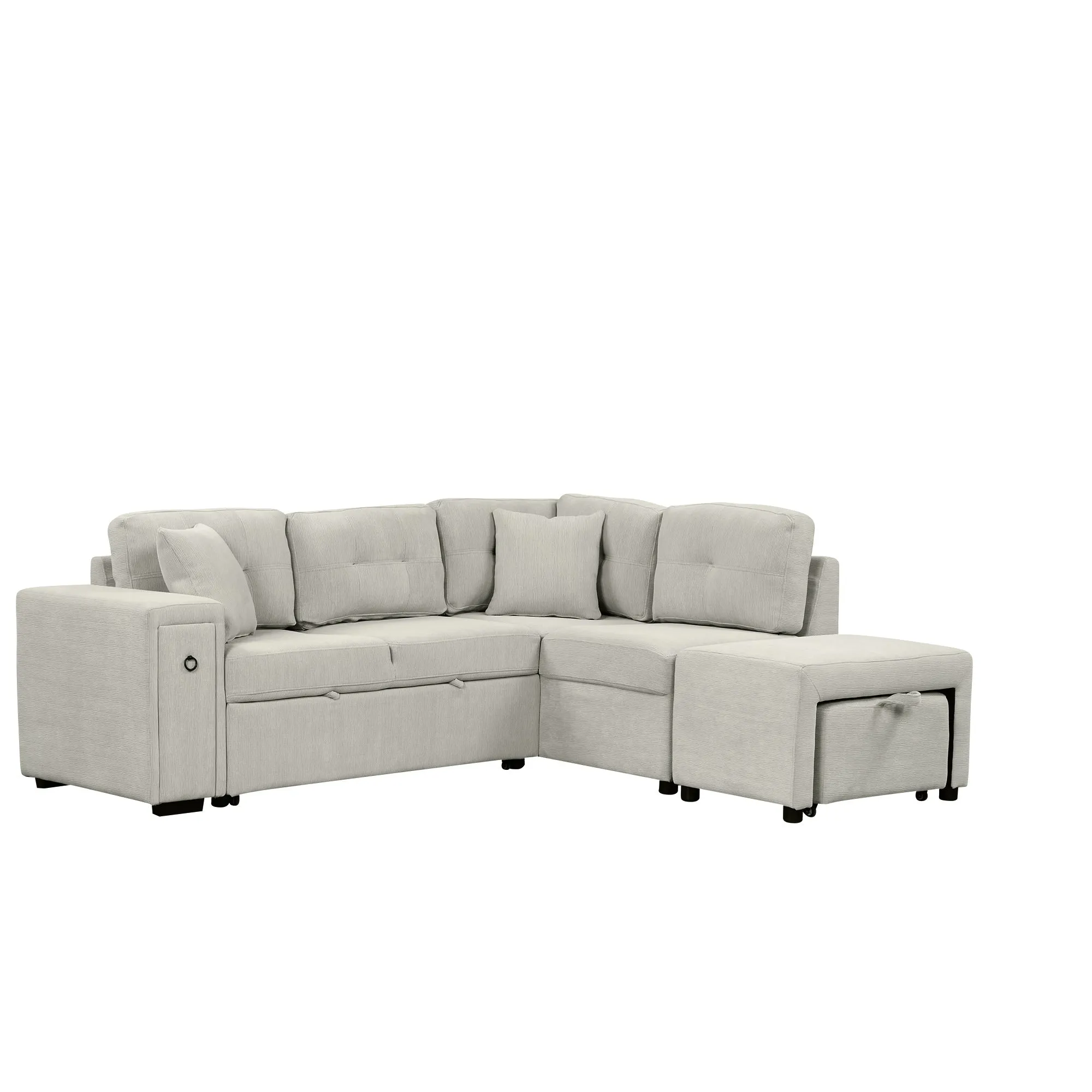 86.6" L-Shaped Sectional Sofa with Pull-Out Bed, Ottoman, 2 USB Ports, 2 Cup Holders, Gray