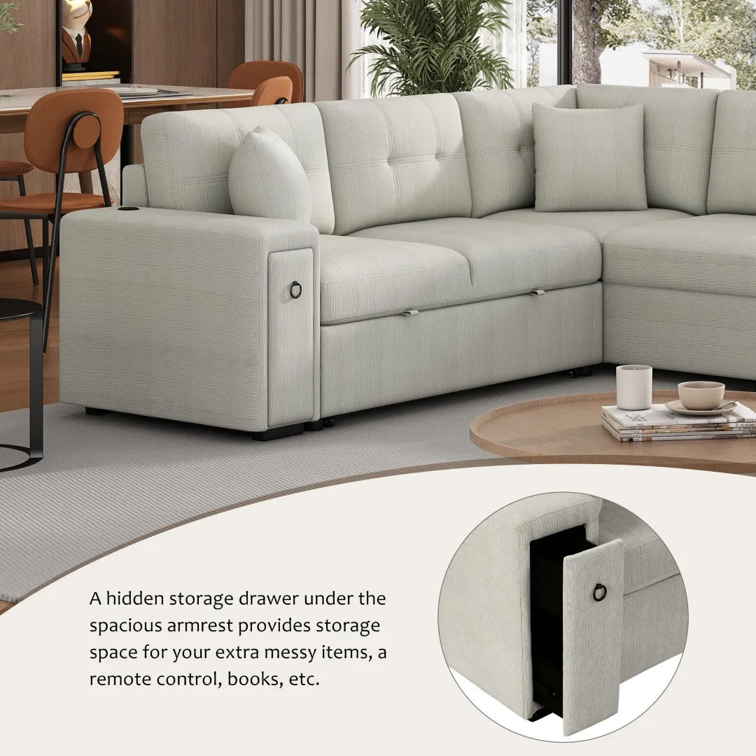 86.6" L-Shaped Sectional Sofa with Pull-Out Bed, Ottoman, 2 USB Ports, 2 Cup Holders, Gray