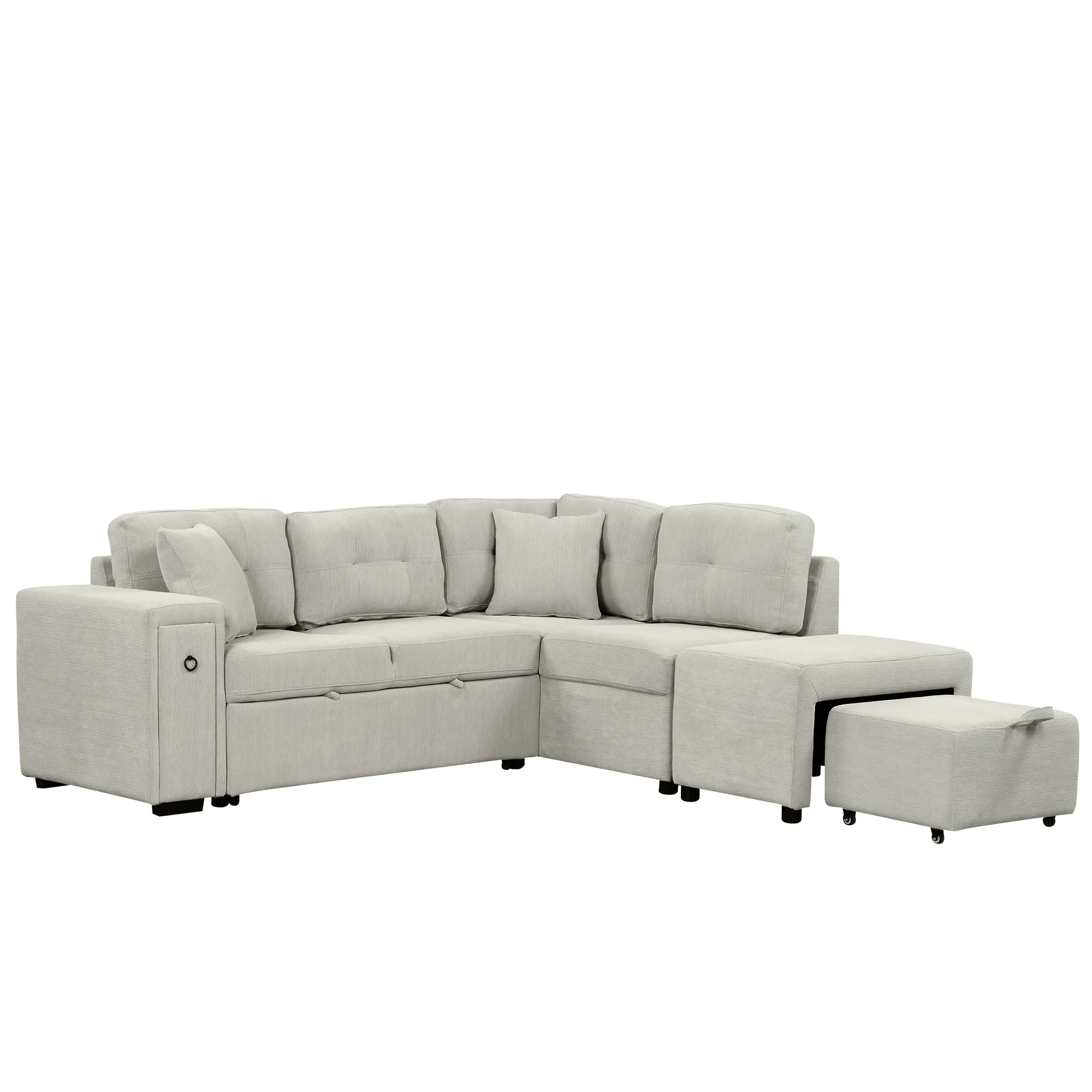 86.6" L-Shaped Sectional Sofa with Pull-Out Bed, Ottoman, 2 USB Ports, 2 Cup Holders, Gray