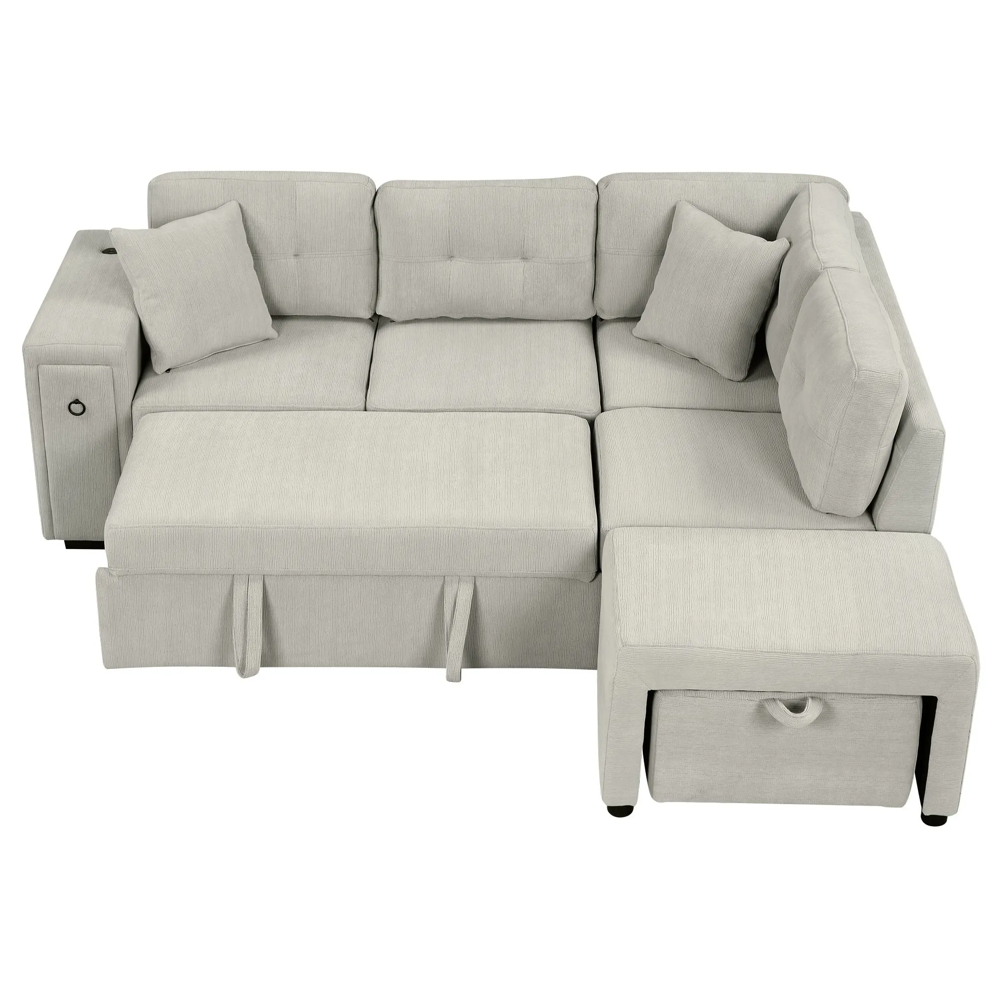 86.6" L-Shaped Sectional Sofa with Pull-Out Bed, Ottoman, 2 USB Ports, 2 Cup Holders, Gray