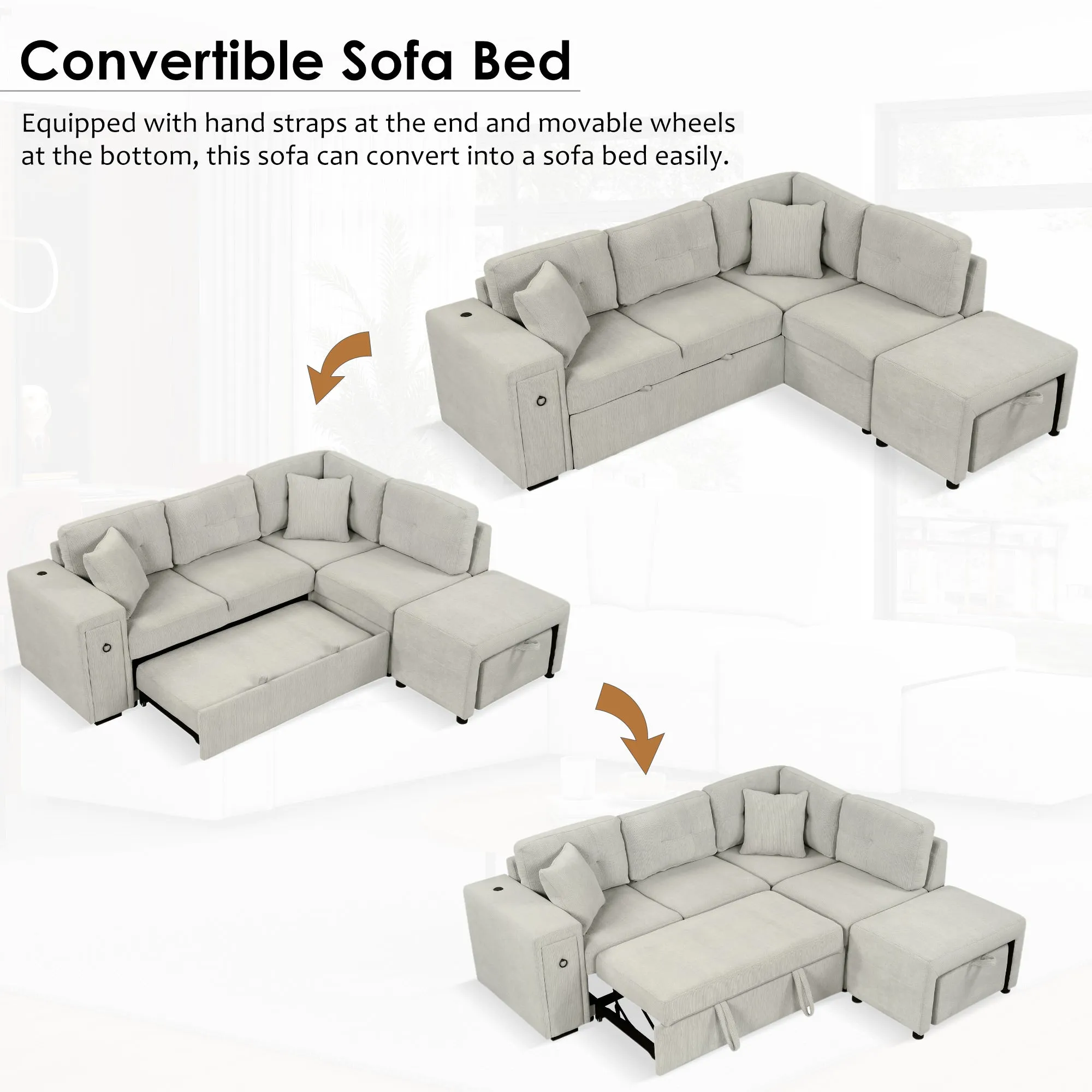 86.6" L-Shaped Sectional Sofa with Pull-Out Bed, Ottoman, 2 USB Ports, 2 Cup Holders, Gray