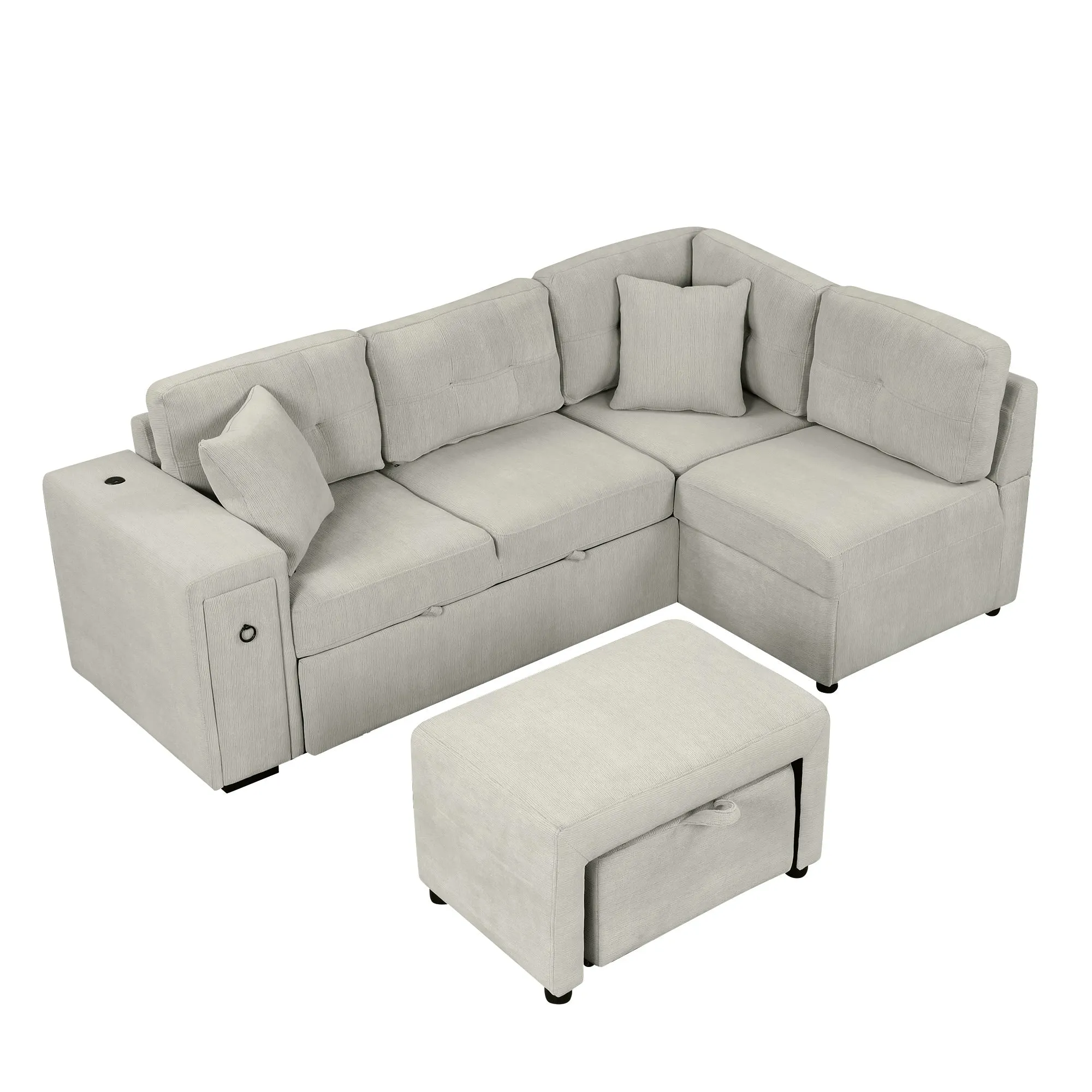 86.6" L-Shaped Sectional Sofa with Pull-Out Bed, Ottoman, 2 USB Ports, 2 Cup Holders, Gray