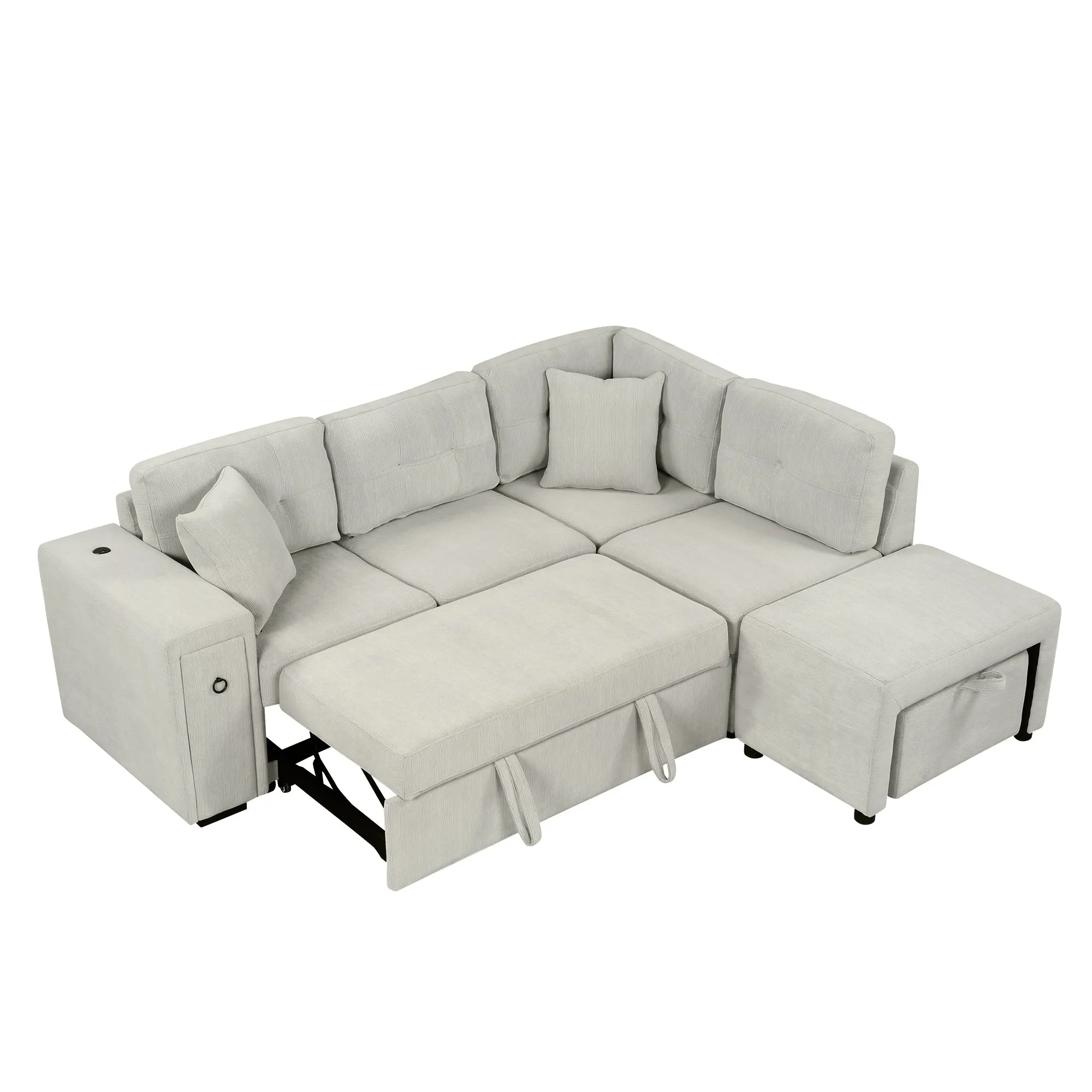 86.6" L-Shaped Sectional Sofa with Pull-Out Bed, Ottoman, 2 USB Ports, 2 Cup Holders, Gray