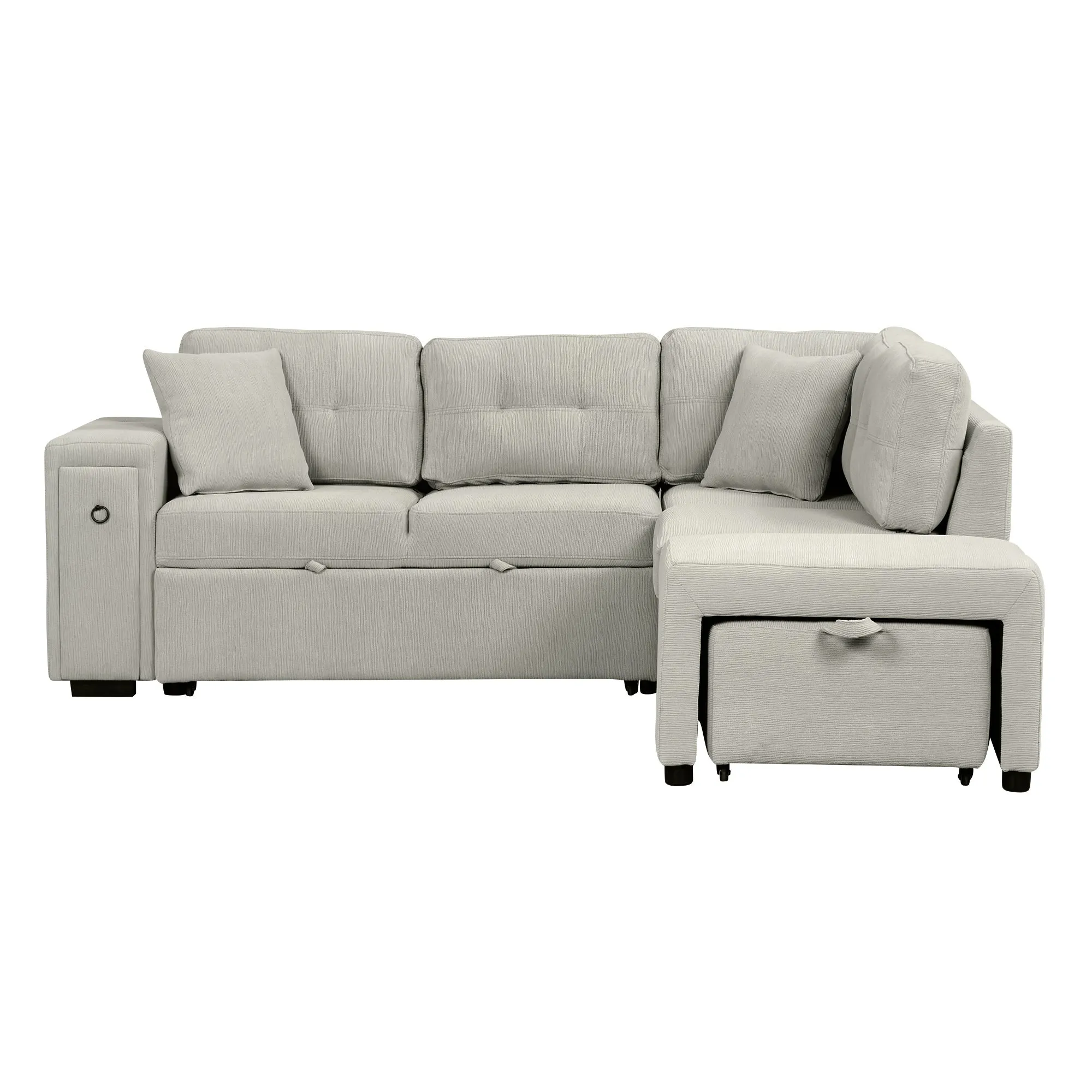 86.6" L-Shaped Sectional Sofa with Pull-Out Bed, Ottoman, 2 USB Ports, 2 Cup Holders, Gray