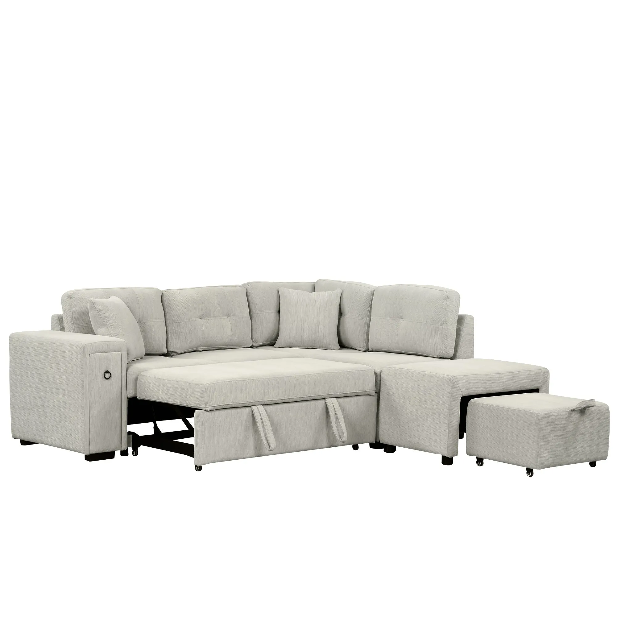 86.6" L-Shaped Sectional Sofa with Pull-Out Bed, Ottoman, 2 USB Ports, 2 Cup Holders, Gray