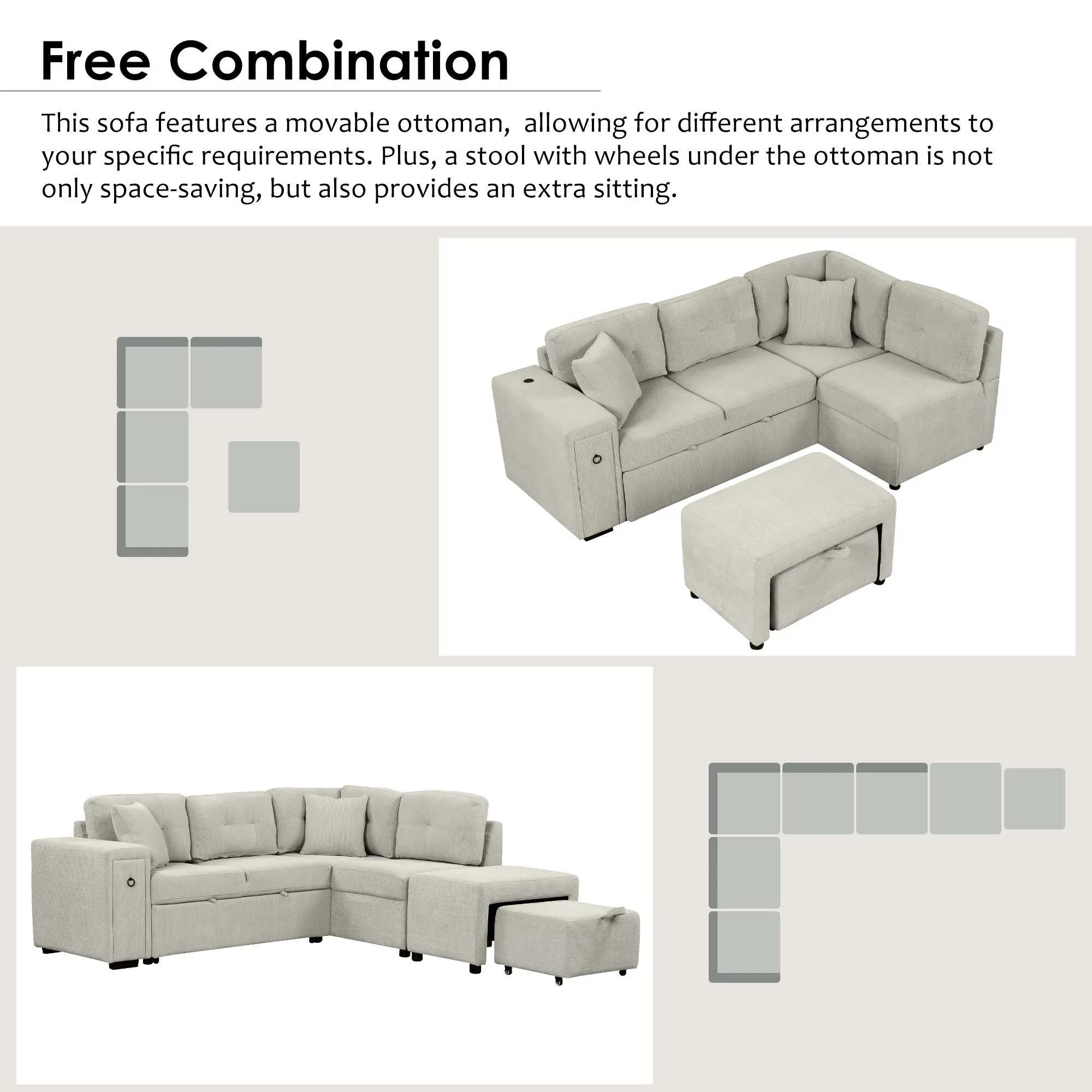 86.6" L-Shaped Sectional Sofa with Pull-Out Bed, Ottoman, 2 USB Ports, 2 Cup Holders, Gray