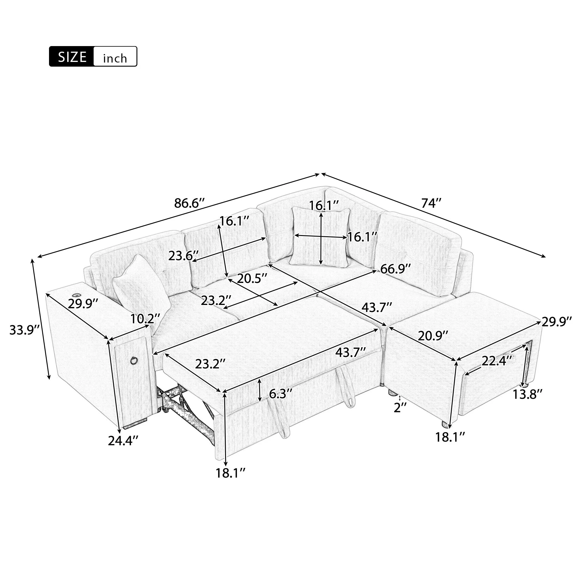 86.6" L-Shaped Sectional Sofa with Pull-Out Bed, Ottoman, 2 USB Ports, 2 Cup Holders, Gray