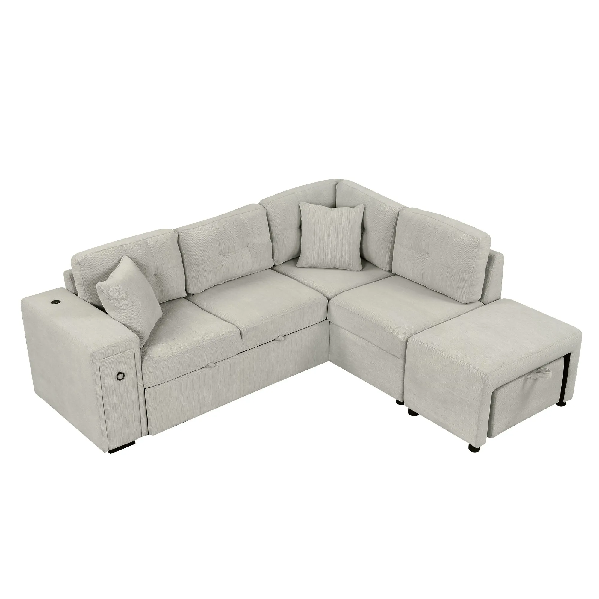 86.6" L-Shaped Sectional Sofa with Pull-Out Bed, Ottoman, 2 USB Ports, 2 Cup Holders, Gray