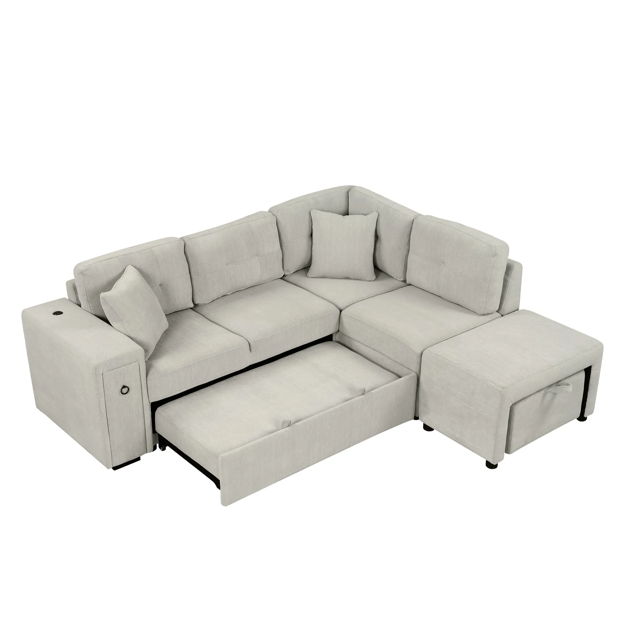 86.6" L-Shaped Sectional Sofa with Pull-Out Bed, Ottoman, 2 USB Ports, 2 Cup Holders, Gray