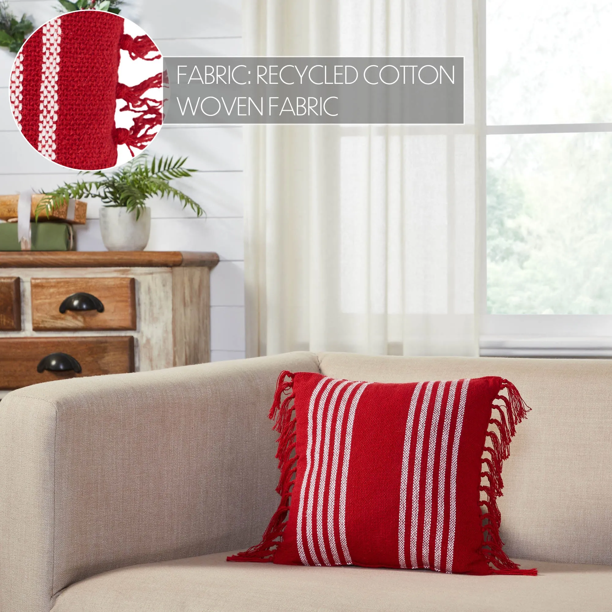 Arendal Red Stripe Pillow Fringed 12x12