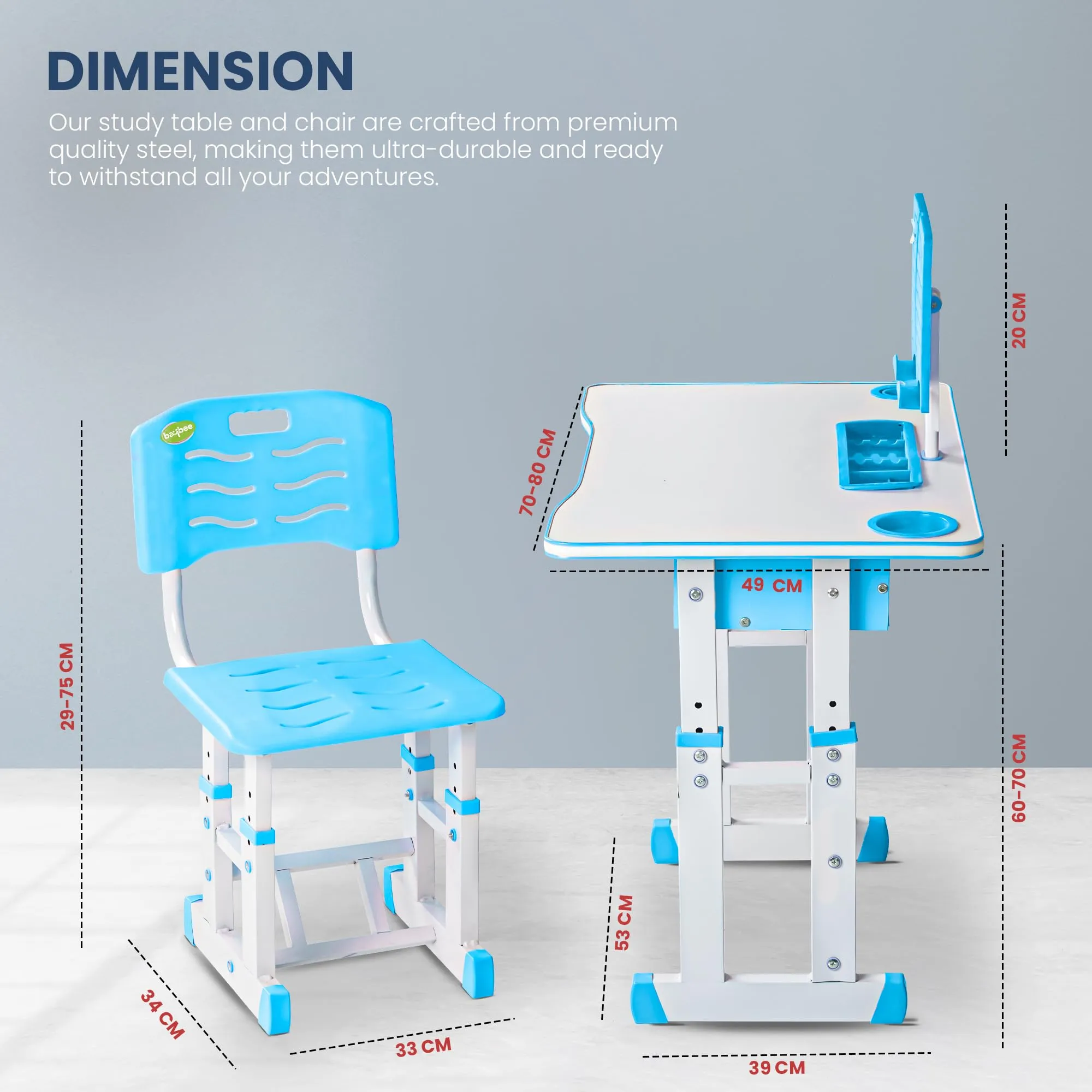 BAYBEE Multifunctional Kids Study Table for Students with Chair, 3 Height Adjustable Table, Storage, Book Holders, Bottle & Pen Holders Table for Kids 3 to 12 Years