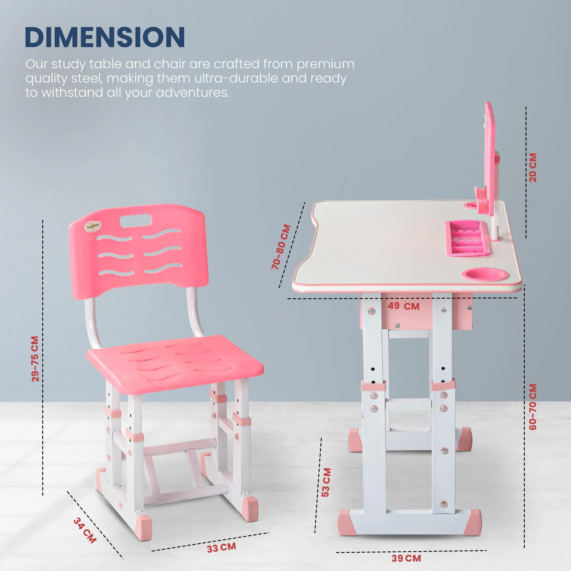 BAYBEE Multifunctional Kids Study Table for Students with Chair, 3 Height Adjustable Table, Storage, Book Holders, Bottle & Pen Holders Table for Kids 3 to 12 Years