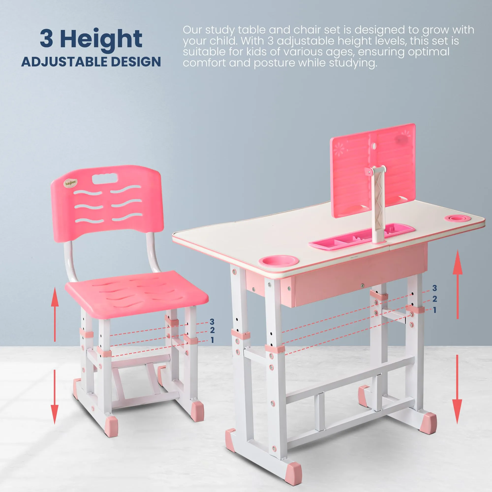 BAYBEE Multifunctional Kids Study Table for Students with Chair, 3 Height Adjustable Table, Storage, Book Holders, Bottle & Pen Holders Table for Kids 3 to 12 Years