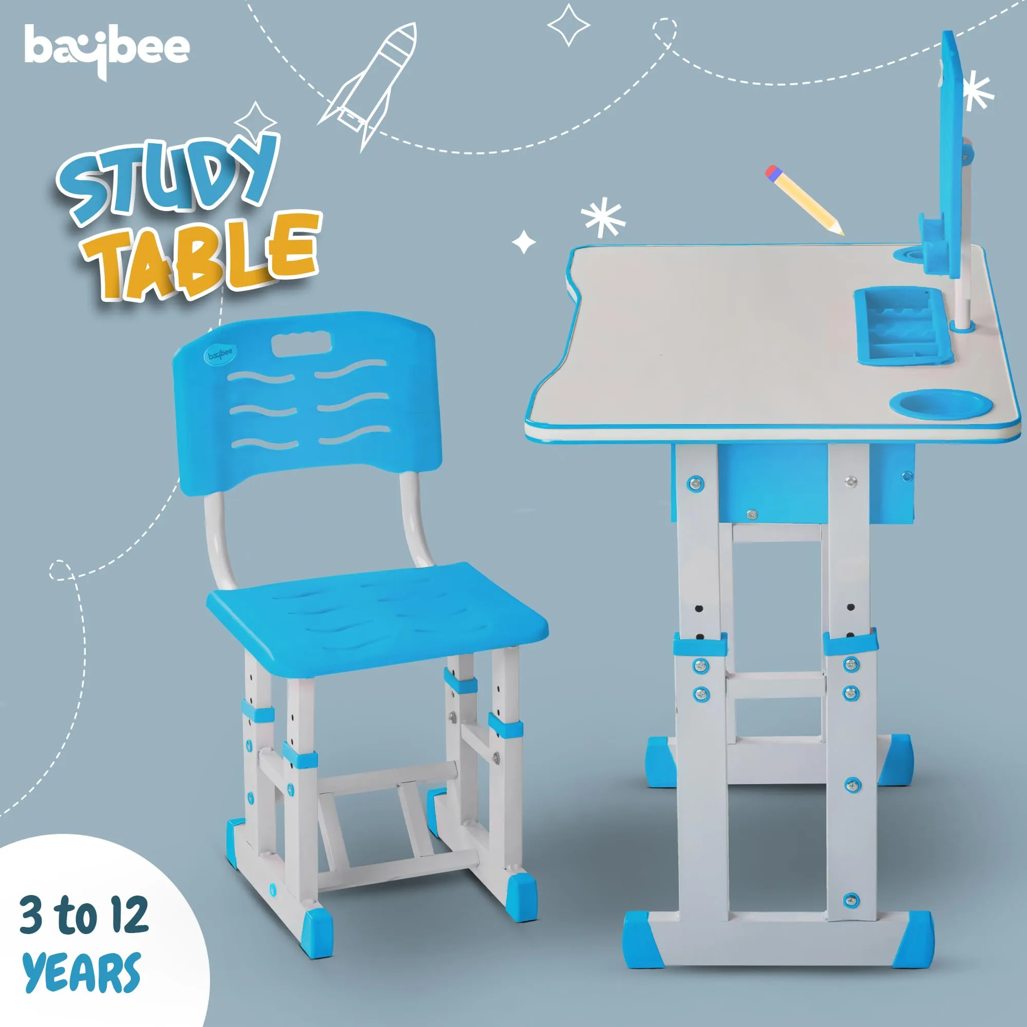 BAYBEE Multifunctional Kids Study Table for Students with Chair, 3 Height Adjustable Table, Storage, Book Holders, Bottle & Pen Holders Table for Kids 3 to 12 Years