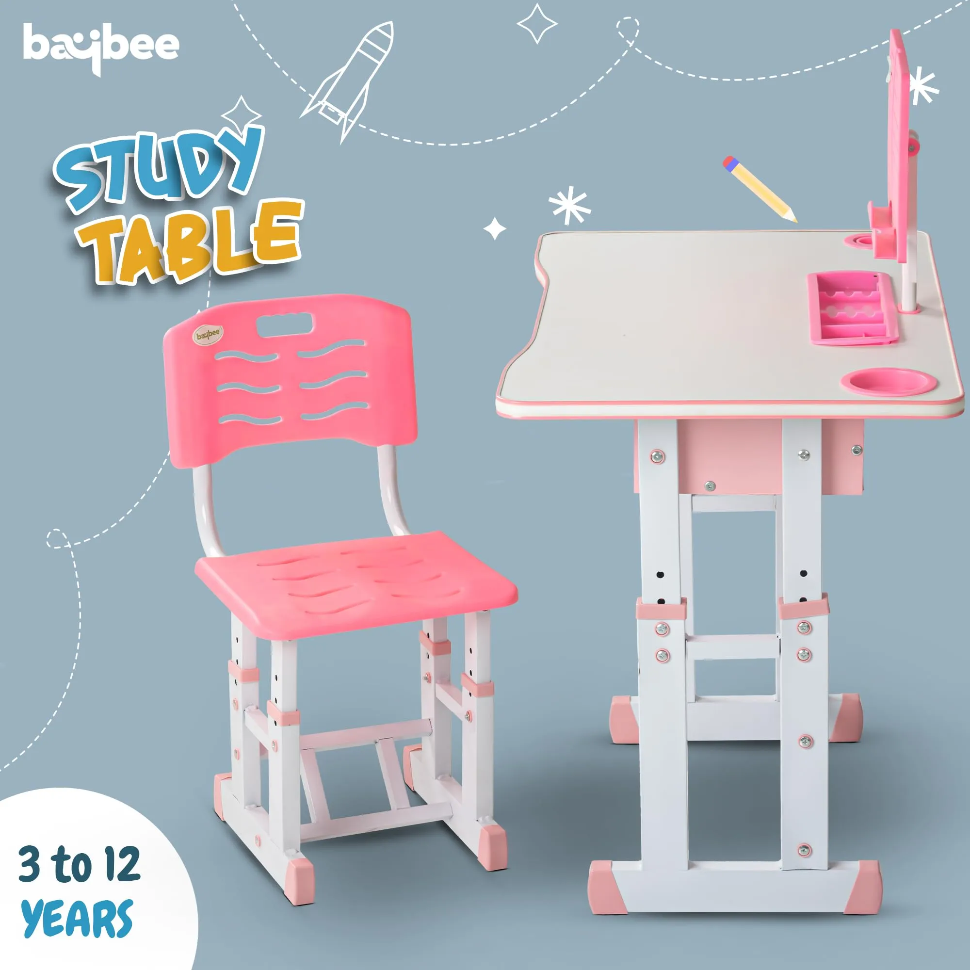 BAYBEE Multifunctional Kids Study Table for Students with Chair, 3 Height Adjustable Table, Storage, Book Holders, Bottle & Pen Holders Table for Kids 3 to 12 Years