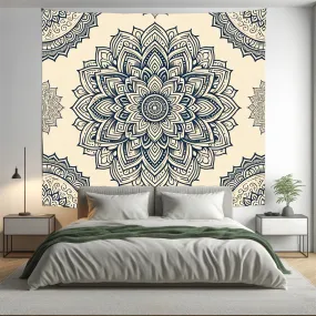 Beige Floral Indian Mandala Tapestry Psychedelic Wall Hanging Boho Decor