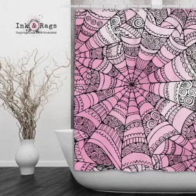 Bubble Gum Goth Spider Web Shower Curtains and Optional Bath Mats