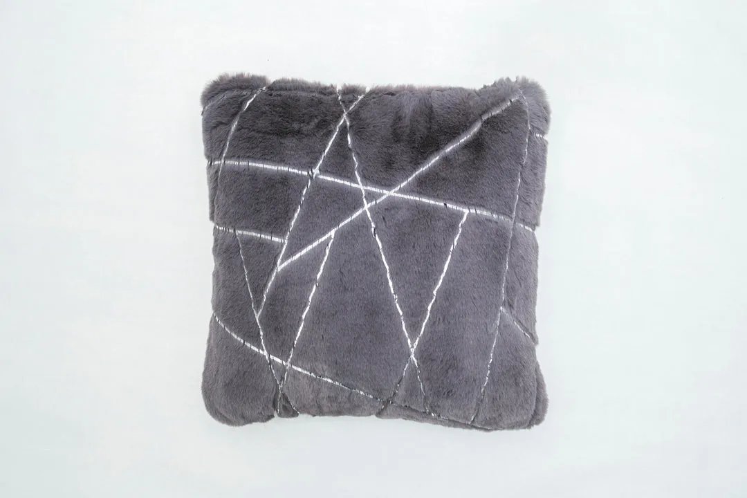 Charcoal Silver Lines Faux Fur Fluffy Extra Soft Throw Pillow