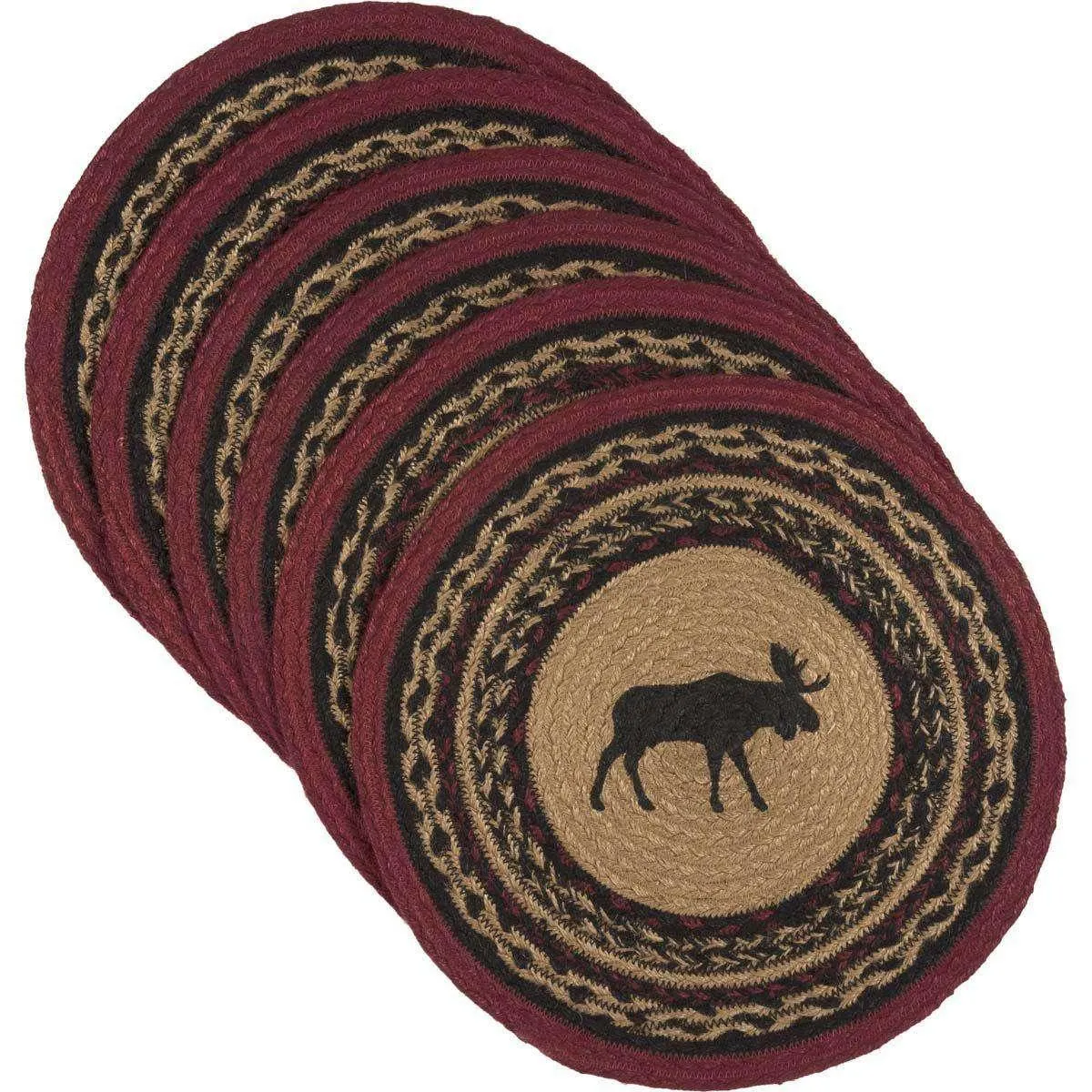 Cumberland Stenciled Moose Jute Braided Placemat Round Set of 6 VHC Brands