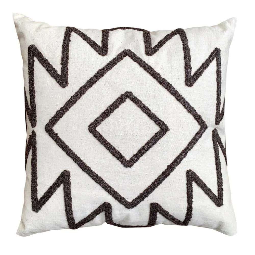 Geometric Aztec Embroidery 17 × 17 Inch Set of 2, Square Cotton Accent Throw Pillows,  White, Gray Through the Urban Port