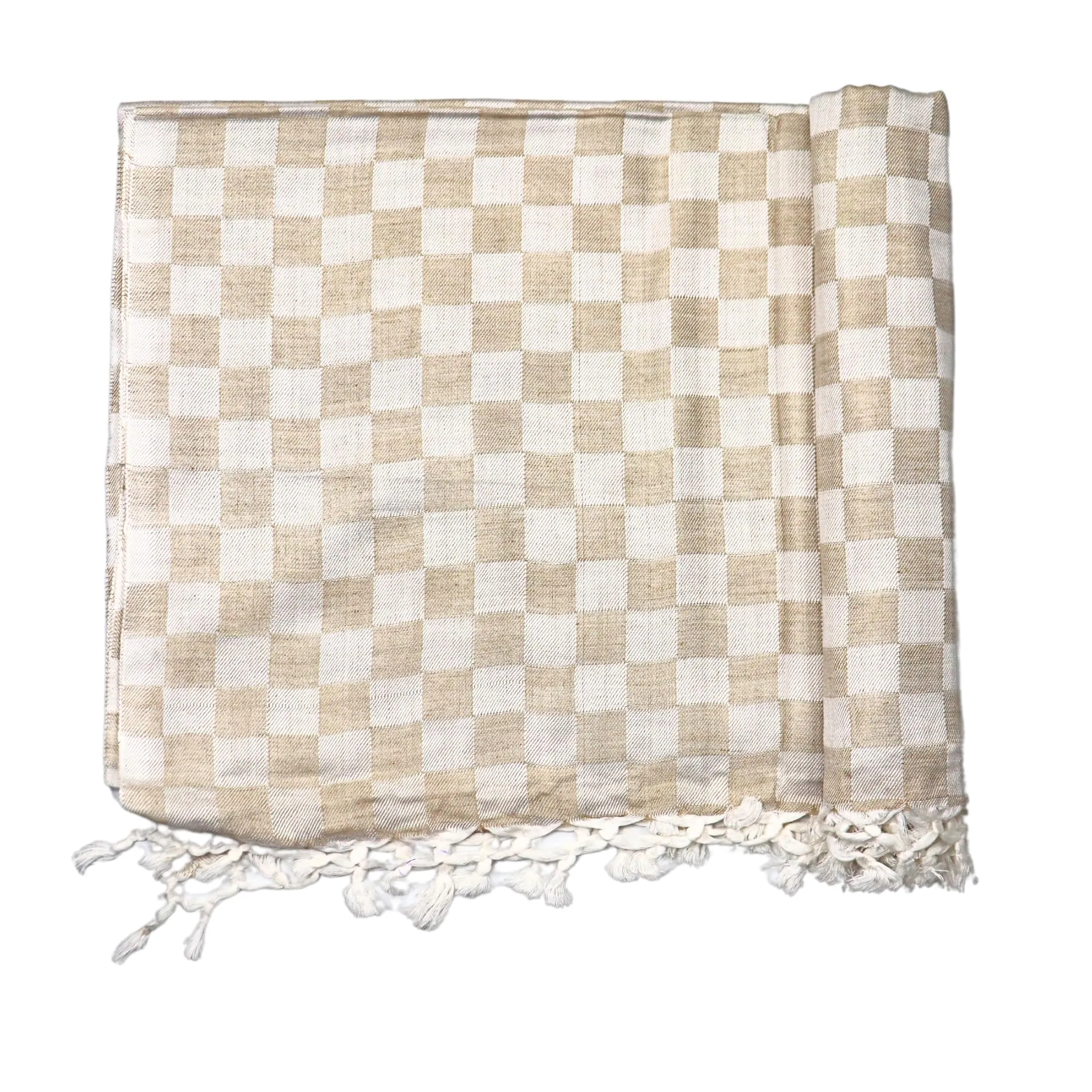 Gorakhpur Handloom House Handwoven Checkered Cotton Throw with Tassels,250 x 140 cm, Beige and White