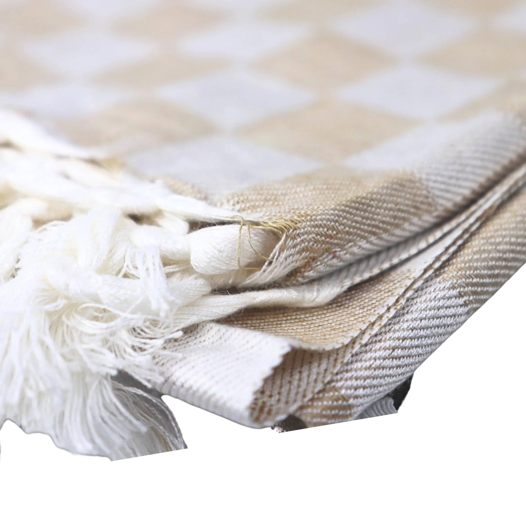 Gorakhpur Handloom House Handwoven Checkered Cotton Throw with Tassels,250 x 140 cm, Beige and White