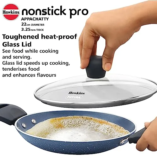 Hawkins Nonstick Pro 0.9 Litre Appachatty, Mini Kadhai, Appachatti, Appachetty, Appam Pot Maker, Deep Fry Pan with Glass Lid, Granite Kadai