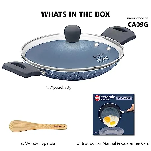 Hawkins Nonstick Pro 0.9 Litre Appachatty, Mini Kadhai, Appachatti, Appachetty, Appam Pot Maker, Deep Fry Pan with Glass Lid, Granite Kadai