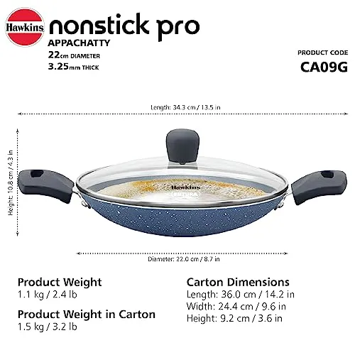 Hawkins Nonstick Pro 0.9 Litre Appachatty, Mini Kadhai, Appachatti, Appachetty, Appam Pot Maker, Deep Fry Pan with Glass Lid, Granite Kadai