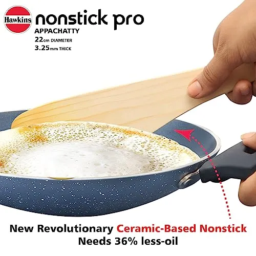 Hawkins Nonstick Pro 0.9 Litre Appachatty, Mini Kadhai, Appachatti, Appachetty, Appam Pot Maker, Deep Fry Pan with Glass Lid, Granite Kadai