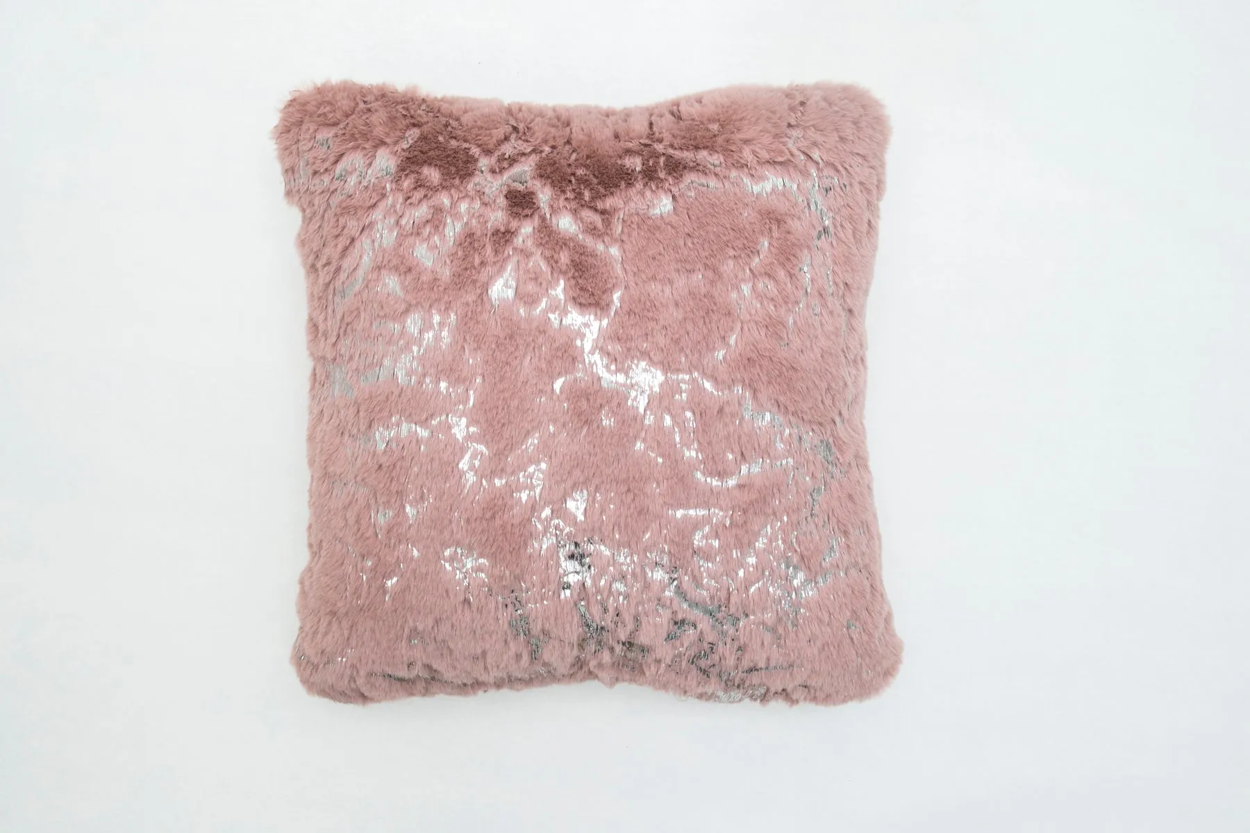 Rose Silver Faux Fur Glow Fluffy Extra Soft Shimmery Foil Illuminating Effect Throw Pillow