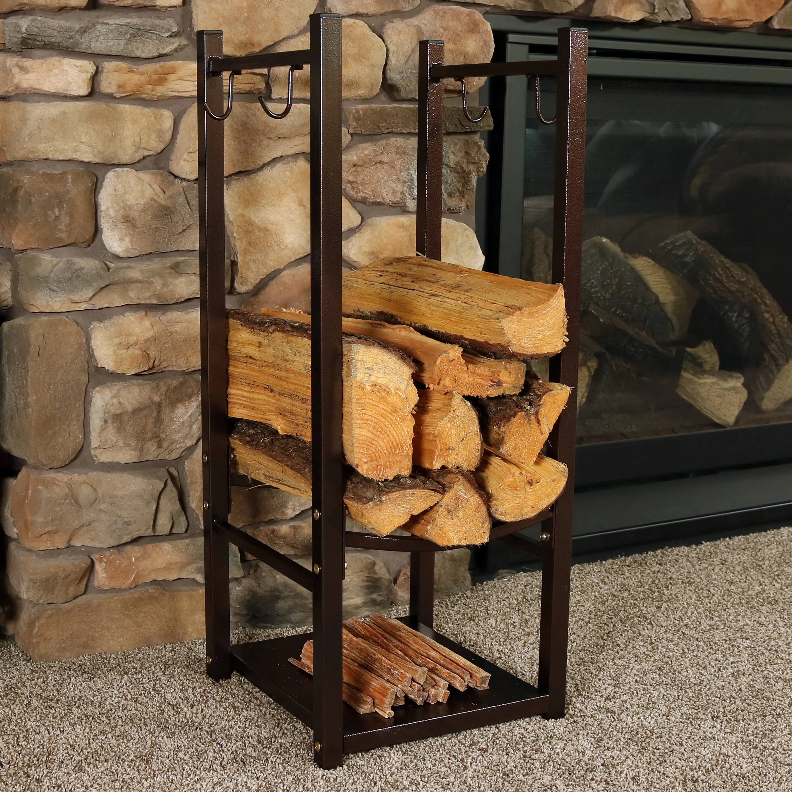 Sunnydaze Outdoor Firewood Storage Rack with Tool Holders