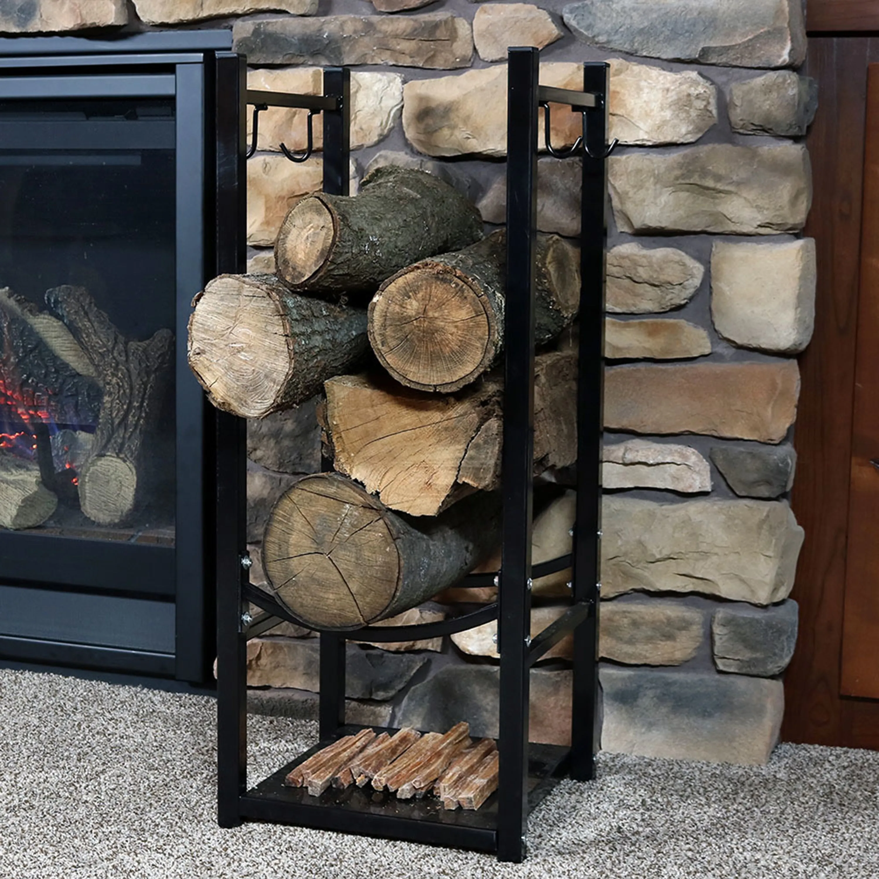 Sunnydaze Outdoor Firewood Storage Rack with Tool Holders