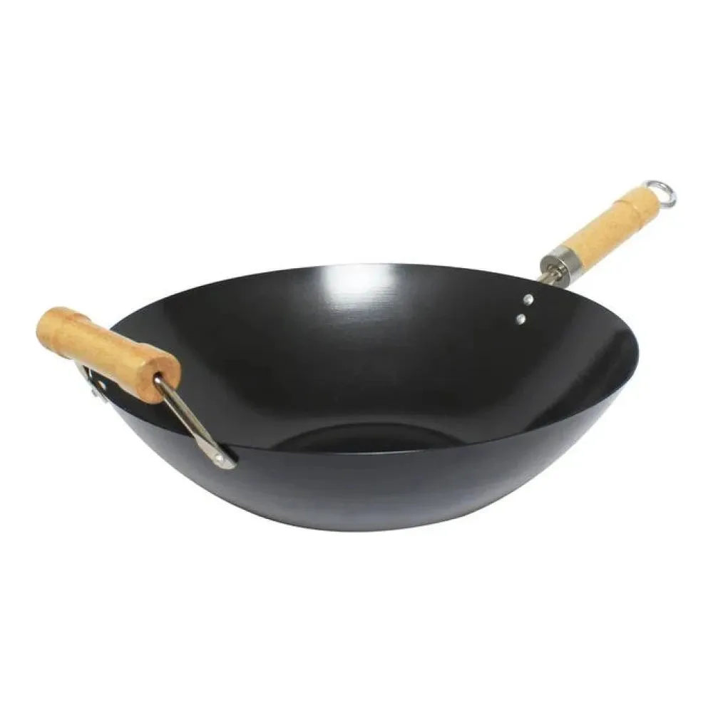 Thunder Group TF002 14" Diameter Non-Stick Coating Wok, Carbon Steel body with Wooden Handle