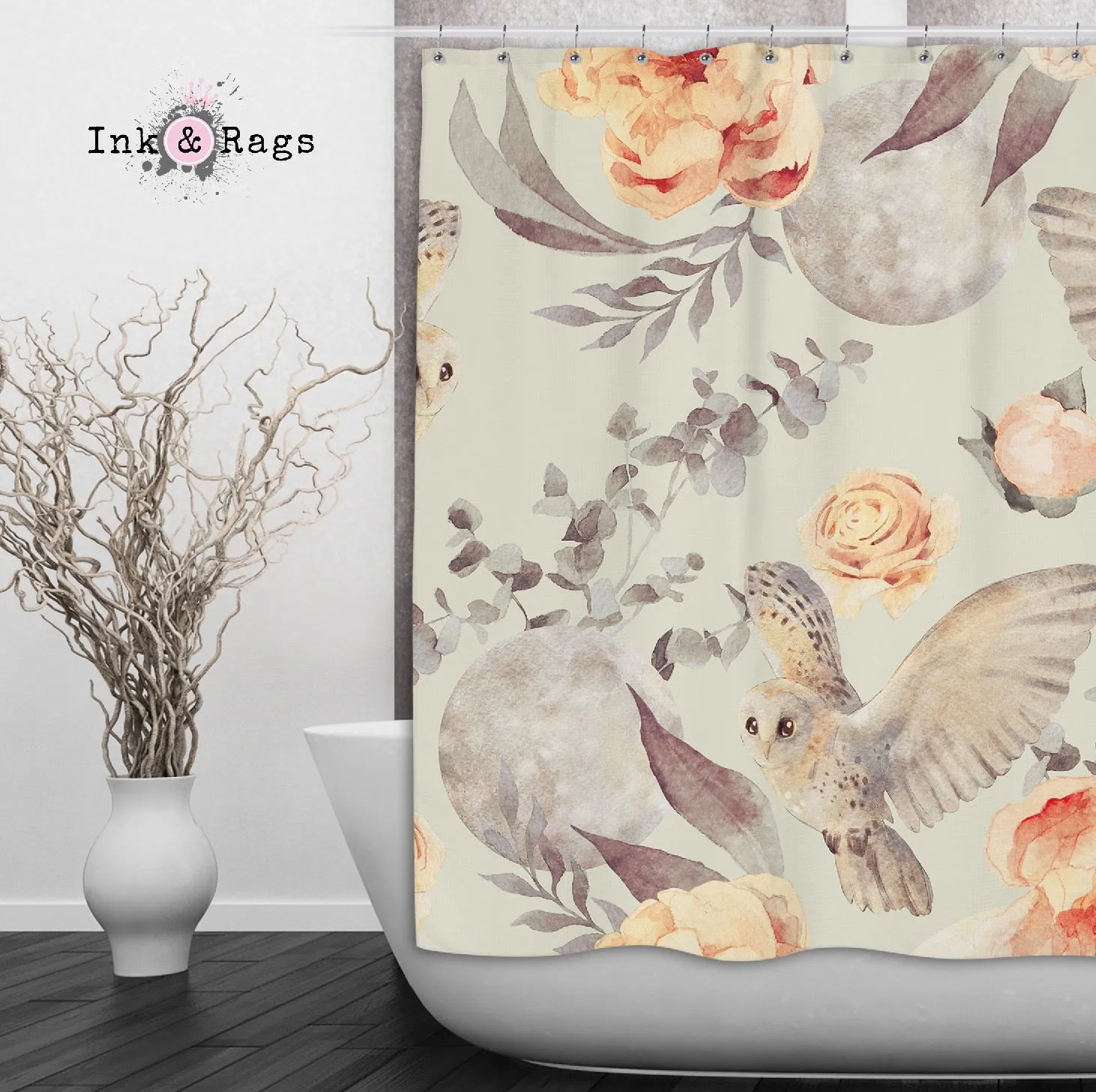 Watercolor Owl Moon and Rose Shower Curtains and Optional Bath Mats